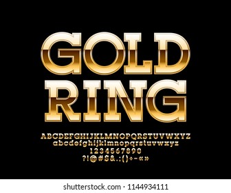 Juego de vectores de letras de los alfabetos dorados. Emblema con texto Anillo de oro.