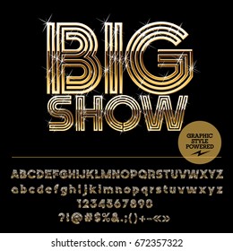 Vector set of golden Alphabet letters. Font contains graphic style. Icon with text Big Show