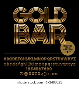 Vector Set Of Golden Alphabet Letters. Font Contains Graphic Style. Icon With Text Gold Bar.