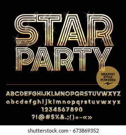 Vector set of Golden Alphabet letters. Font contains graphic style. Icon with text Star Party