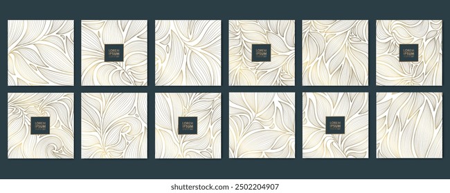 Vector set of golden art deco leaves patterns, vintage floral plant backgrounds, nature ornament texture. Modern botanical cards, antique decor, beauty package.