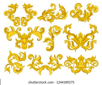 Vector set of golden baroque ornaments. Luxurious floral patterns. Decorative elements for invitation or greeting card