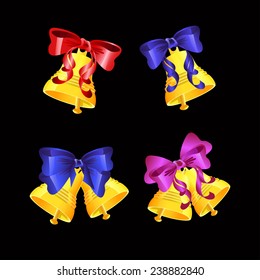 Vector Set of golden bells with red ribbons on a black background