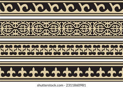 Vector set of golden and black seamless Kazakh national ornament. Ethnic endless pattern of the peoples of the Great Steppe, 
Mongols, Kyrgyz, Kalmyks, Buryats. circle, frame border.