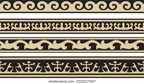 Vector set of golden and black seamless Kazakh national ornament. Ethnic endless pattern of the peoples of the Great Steppe, 
Mongols, Kyrgyz, Kalmyks, Buryats. circle, frame border.