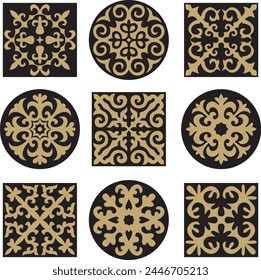 Vector set of golden and black signs Kazakh national ornament. Ethnic pattern of the peoples of the Great Steppe, 
Mongols, Kyrgyz, Kalmyks, Buryats. circle, frame border.