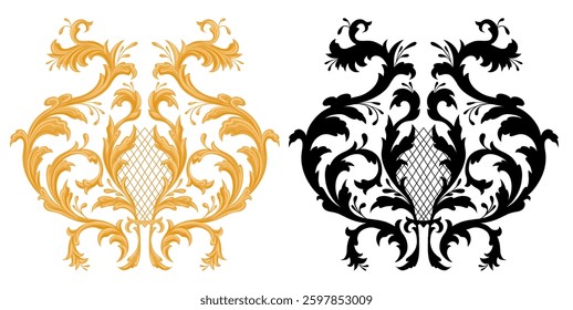 Vector set of golden and black vintage floral elements. Baroque collection of floral flourish isolated from background. Luxury filigree floral clip arts for cards and stickers