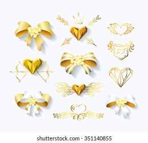 Vector set of golden bows and heart decorations. Gold design elements for St.Valentine's day,weddings, advertising and invitations. 