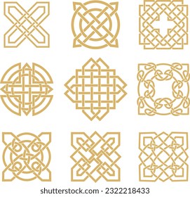 Vector set of golden celtic knots. Ornament of ancient European peoples. The sign and symbol of the Irish, Scots, Britons, Franks.