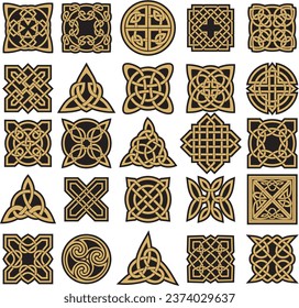 Vector set of golden celtic knots. Ornament of ancient European peoples. The sign and symbol of the Irish, Scots, Britons, Franks.