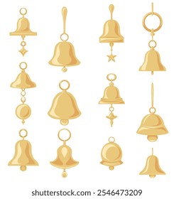 Vector set of golden Christmas bells isolated from background in flat style. Geometric festive bells clip arts.  Holiday collection of xmas decorations for icons. 