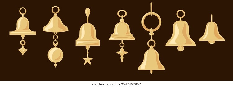 Vector set of golden Christmas bells on dark background in flat style. Geometric festive bells clip arts. Holiday collection of geometric xmas decorations for icons and stickers.