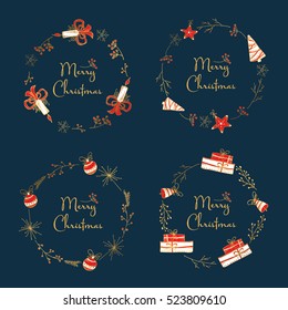 Vector set. Golden Christmas and New Year wreath with decorations. hand drawn.