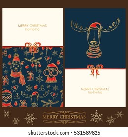 Vector set. Golden Christmas and New Year cards with Christmas elk , owl, bear and Christmas decorations. Hand drawn 