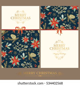 Vector set. Golden Christmas and New Year cards with cones, holly and mistletoe. hand drawn.