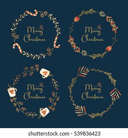 Vector set. Golden Christmas and New Year wreath with decorations. hand drawn