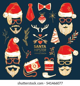 Vector set. Golden Christmas and New Year elements . Santa Claus and Christmas decorations . hand drawn.