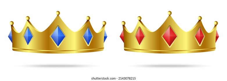 Vector set of golden crowns with blue and red stones, isolated on white background.