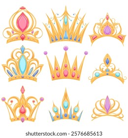 Vector set of golden crowns and tiaras in cartoon style. Collection of tiaras and crowns of kings and queens. Luxury signs of monarchy for mobile games and stickers