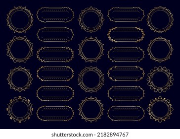 Conjunto vectorial de marcos de línea decorativos dorados, cuadros rectangulares y de círculo sobre fondo negro