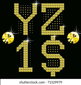 conjunto vectorial de letras y números de diamante dorado