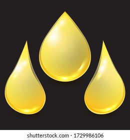 Vector set golden different oil or honey drops isolated on black background. 3D realistic illustration. Template for petrochemical, beekeeping or olive advertising.