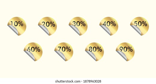 Conjunto de vectores de pegatinas de descuento dorado con un porcentaje diferente.