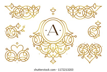 Vector set of golden elements, monogram identity for design template. Luxury ornament in Eastern style. Premium floral illustration. Ornate decor, frame for invitation, card, logo design, label, tag.