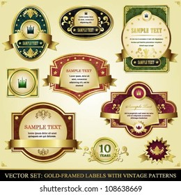 Vector set of golden framed labels with vintage patterns
