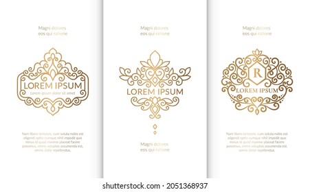 Vektorset aus goldenen Rahmen. Kann für Schmuck-, Beauty- und Modebranche verwendet werden. Ideal für Logo, Monogramm, Einladung, Flyer, Menü, Hintergrund oder jede gewünschte Idee.