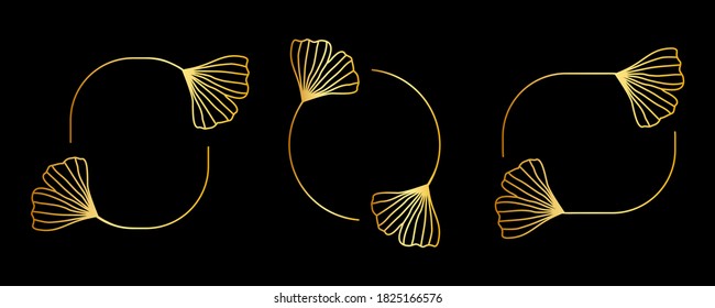 Vector set of golden frames with Ginkgo Biloba leaves in trendy linear style isolated on black background. Emblem, badge, icon or logo template for cosmetics, organic products