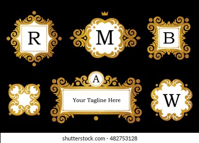 Vector set with golden frames and vignettes. Ornate element for design. Place for company name.Ornament floral decor for business card, wedding invitations, logo template, monogram, thank you message.