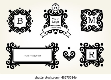 Vector set with golden frames and vignettes. Ornate element for design. Place for company name.Ornament floral decor for business card, wedding invitations, logo template, monogram, thank you message.