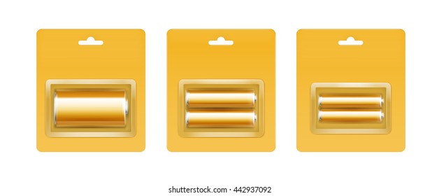 Vector Set of Golden Glossy Alkaline AA, AAA, C Batteries in Yellow Blister Packed for branding Close up Isolated on White Background