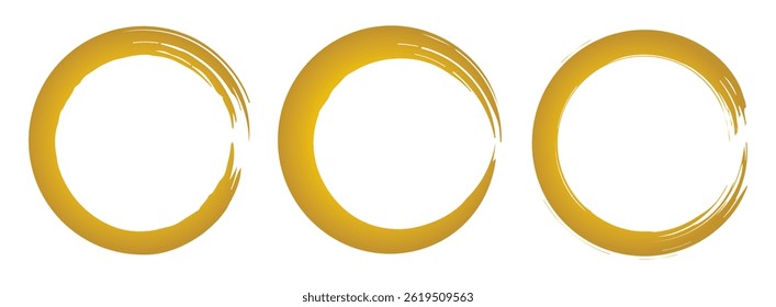 vector set of Golden grunge circle brush vector illustration. Abstract yellow golden paint brushstroke circles pack. Set of golden brush circle. Set of circle, golden paint, ink, dirty brush strokes.
