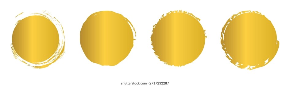 Conjunto de Vector de Ilustración vectorial de pincel de círculo grunge dorado. Abstractas paquete de círculos de pincelada de pintura dorada. Conjunto de círculo de pincel dorado. Conjunto de círculo, pintura dorada, tinta, pinceladas sucias.