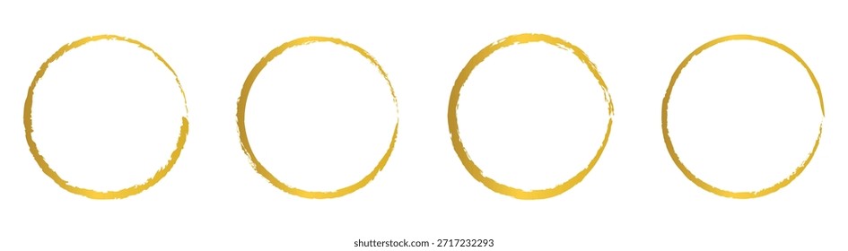 Conjunto de Vector de Ilustración vectorial de pincel de círculo grunge dorado. Abstractas paquete de círculos de pincelada de pintura dorada. Conjunto de círculo de pincel dorado. Conjunto de círculo, pintura dorada, tinta, pinceladas sucias.