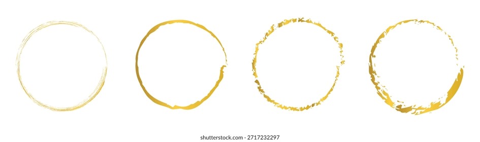 Conjunto de Vector de Ilustración vectorial de pincel de círculo grunge dorado. Abstractas paquete de círculos de pincelada de pintura dorada. Conjunto de círculo de pincel dorado. Conjunto de círculo, pintura dorada, tinta, pinceladas sucias.