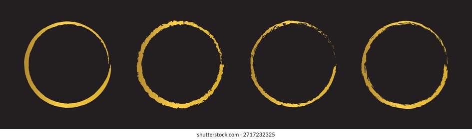Conjunto de Vector de Ilustración vectorial de pincel de círculo grunge dorado. Abstractas paquete de círculos de pincelada de pintura dorada. Conjunto de círculo de pincel dorado. Conjunto de círculo, pintura dorada, tinta, pinceladas sucias.