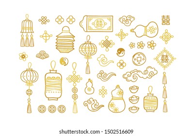 Vector set with golden hand draw elements in Chinese style. Gold isolated icons for design elements. Lucky coins, lanterns, lucky knots, traditional chinese gold ingots, calabash.