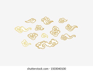 Vector set with golden hand draw clouds in Chinese style. Isolated gold design elements. Traditional Chinese decoration.