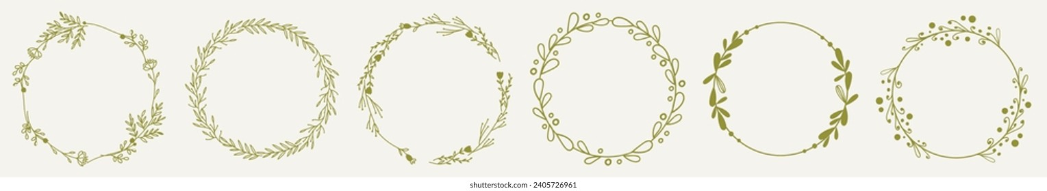 Vector set of golden hand drawn ink floral wreaths. A set of decorative circular floral frames.