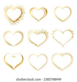 Vector set of golden hearts. Creative hand drawn hearts for card design, covers 