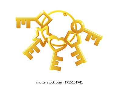 Vector set of golden keys in a bunch. Collection of keys of different shapes for the lock.