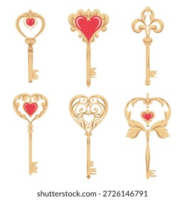 Vector set of golden keys with hearts. A collection of vintage metal keys. A Valentine Day symbol for stickers, cards, and games.