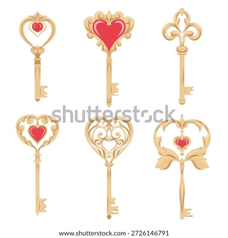 Vector set of golden keys with hearts. A collection of vintage metal keys. A Valentine Day symbol for stickers, cards, and games.