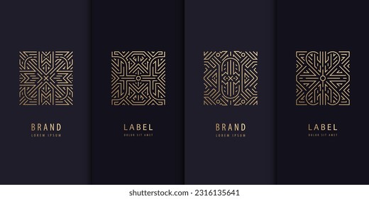 Vector set of golden label design patterns. Square art deco logos, cosmetic, chocolate, tea, wine package. Luxury royal style, vintage fancy signs