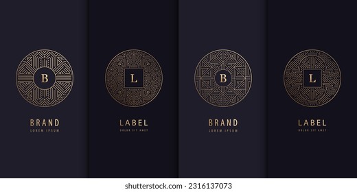 Conjunto de vectores de patrones de diseño de etiquetas doradas. Logotipos de arte de la decoración, cosmética, chocolate, té, paquete de vino. Lujo de estilo real, señas antiguas con letras 