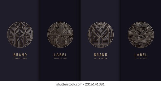 Conjunto de vectores de patrones de diseño de etiquetas doradas. Logotipos de arte de la decoración, cosmética, chocolate, té, paquete de vino. Lujo de estilo real, señalización vintage, diseño premium