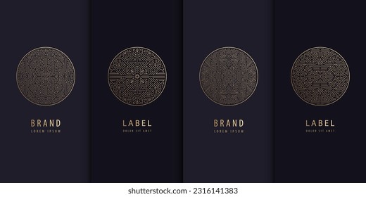 Vector set of golden label design patterns. Circle art deco logos, cosmetic, chocolate, tea, wine package. Luxury royal style, vintage fancy signs, premium design